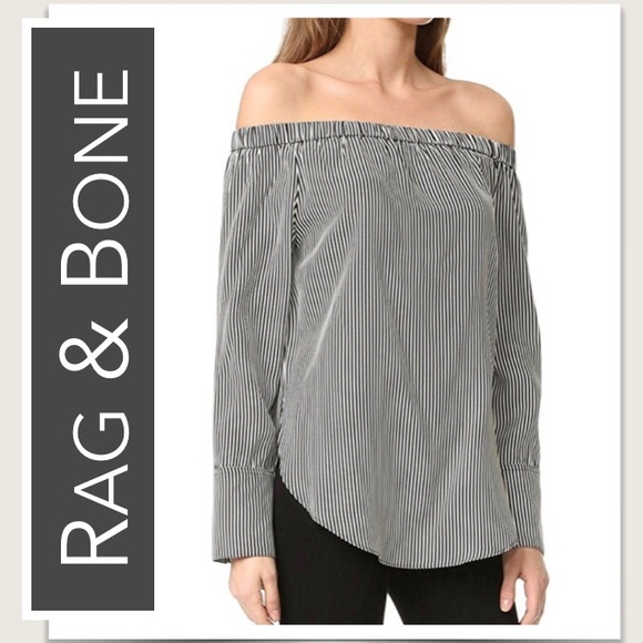 Rag & Bone Silk “Greta” Blouse in Black & White, Thin-Stripes, Off-the-Shoulder - Picture 2 of 10